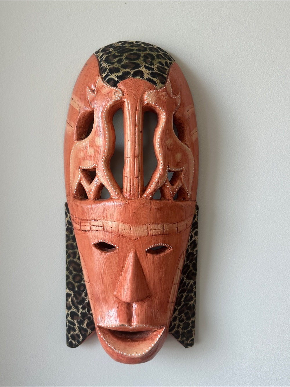 Hand-Carved  Decorative Wall Mask with Leopard Accents